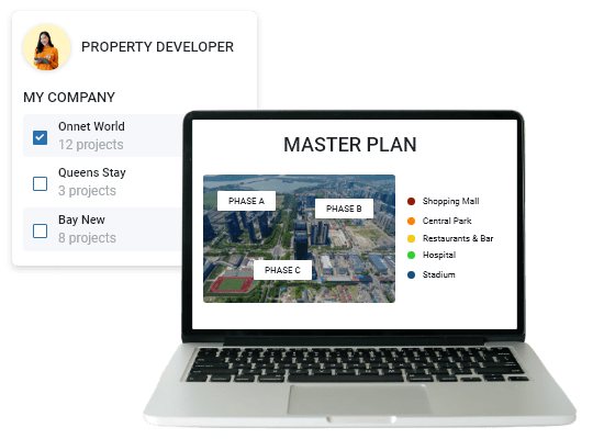 An interface shows property master plan and multi-company management